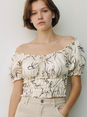 ZARA Cream Bow Print Off The Shoulder Puff Sleeve Satin Top Size L NWOT Smocked